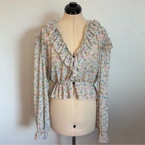 By Anthropologie Floral Long Sleeve Mesh Ruffle Blouse, Multicolor Peplum Crop M